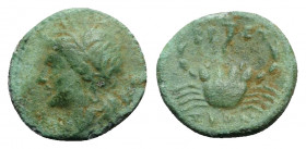 Bruttium, The Brettii, c. 214-211 BC. Æ Sixth Unit (14mm, 1.65g, 6h). Wreathed head of a river-god l.; grain ear behind. R/ Crab; cornucopiae above. S...