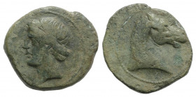 Bruttium, Carthaginian occupation, c. 215-205 BC. Æ Unit (20mm, 6.52g, 11h). Head of Tanit-Demeter l., wearing wreath of grain ears. R/ Head of horse ...