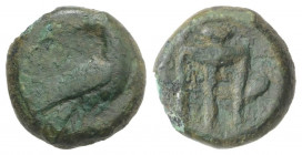 Bruttium, Kroton, c. 375-325 BC. Æ (13mm, 3.37g, 6h). Eagle standing r., head reverted, on cross-torch. R/ Tripod; to r., heron standing r. HNItaly 22...
