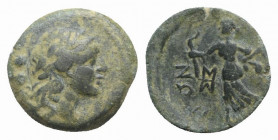 Bruttium, Petelia, late 3rd century BC. Æ Sextans (14mm, 2.57g, 12h). Laureate head of Apollo r. R/ Artemis Phosphoros standing l.; monogram to l. HNI...