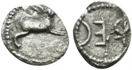 Bruttium, Rhegion. Anaxilas (Tyrant, c. 494/3-462/1 BC). AR Litra (11mm, 0.56g, 1h). Hare springing r. R/ Retrograde REC. HNItaly 2475. VF