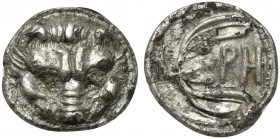 Bruttium, Rhegion, c. 415/0-387 BC. AR Litra (10mm, 0.60g, 2h). Facing lion’s head. R/ PH within olive sprig. HNItaly 2499; SNG ANS 670-4. Near VF
