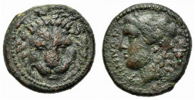 Bruttium, Rhegion, c. 351-280 BC. Æ (21mm, 8.41g, 9h). Facing lion’s mask. R/ Laureate head of Apollo l.; bucranium behind. HNItaly 2534a; cf. SNG ANS...