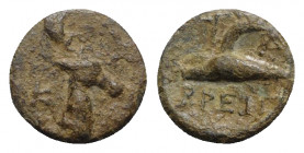 Bruttium, Uncertain, early 4th century BC. Æ (12mm, 1.99g, 6h). Head of stag r.; K-A flanking. R/ Plow l.; monogram to r.; BPEIΓ below. J. Morcom, “So...