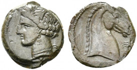 Carthaginian Domain, Sardinia, c. 264-241 BC. Æ (18mm, 5.36g, 11h). Wreathed head of Kore-Tanit l. R/ Head of horse r.; palm-tree before. Piras 21; SN...