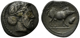 Sicily, Abakainon, c. 420-400 BC. AR Litra (12mm, 0.62g, 3h). Laureate male head r. R/ Boar standing r.; acorn to r. Campana 16a var. (ethnic); HGC 2,...