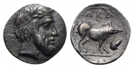 Sicily, Abakainon, c. 420-400 BC. AR Litra (11mm, 0.56g, 3h). Laureate male head r. R/ Boar standing r.; acorn to r. Campana 16b; cf. HGC 2, 10. Dark ...