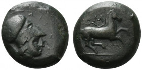 Sicily, Aitna, c. 355-339 BC. Æ (23mm, 15.66g, 6h). Head of Athena r., wearing Corinthian helmet. R/ Horse galloping r., reins trailing; M above. Camp...