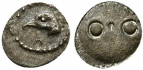 Sicily, Akragas, c. 440-420 BC. AR Hexas (5mm, 0.1g). Head of eagle l.; below, A. R/ Two pellets. Westermark 521-523 var (head l. with A). Extremely r...