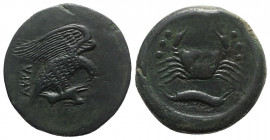 Sicily, Akragas, c. 425-406 BC. Æ Hemilitron (31mm, 20.49g, 3h). Eagle r., clutching dead hare in talons. R/ Crab; crayfish below, six pellets in fiel...