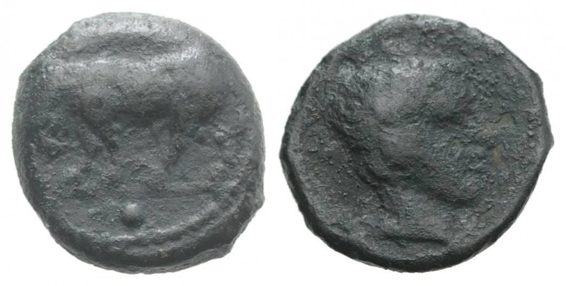 Sicily, Gela, c. 420-405 BC. Æ Onkia (10mm, 1.15g, 6h). Bull standing l. R/ Horn...