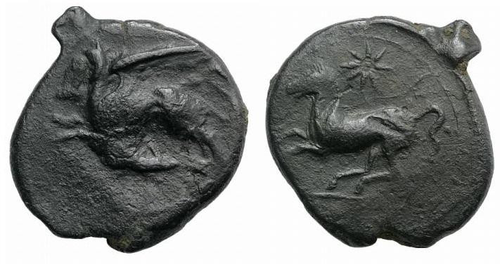 Sicily, "Kainon", c. 365 BC. Æ (24mm, 7.78g, 12h). Griffin springing l. R/ Horse...