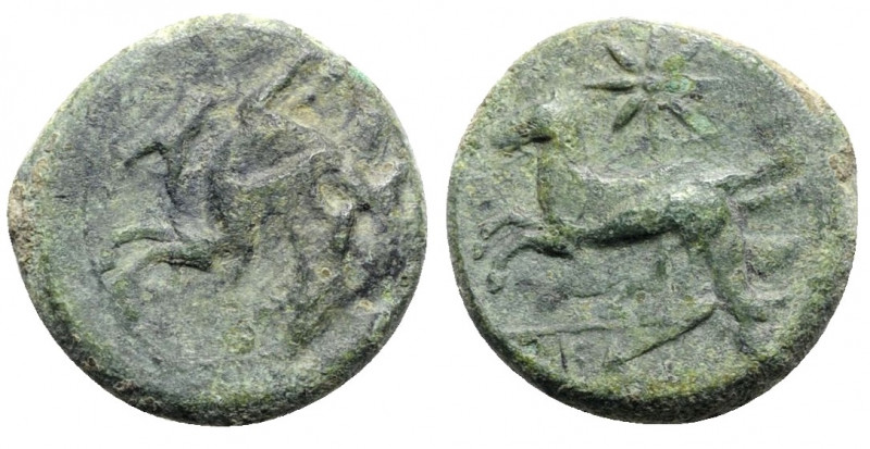 Sicily, "Kainon", c. 365 BC. Æ (22mm, 8.24g, 6h). Griffin springing l.; below, g...