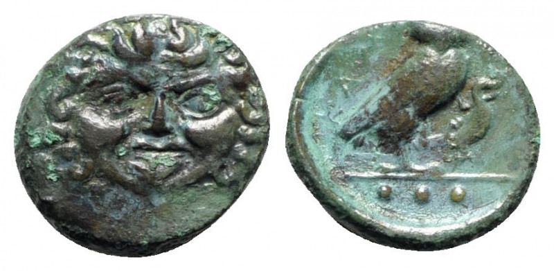 Sicily, Kamarina, c. 420-405 BC. Æ Tetras (15mm, 3.26g, 1h). Gorgoneion. R/ Owl ...