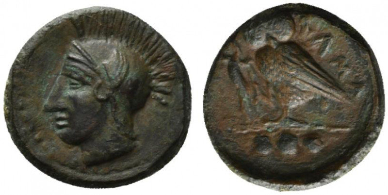 Sicily, Kamarina, c. 410-405 BC. Æ Tetras (14mm, 2.63g, 8h). Head of Athena l., ...