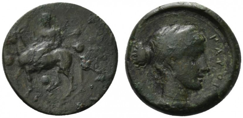 Sicily, Nakona, c. 420-400 BC. Æ Tetras or Trionkion (17mm, 3.45g, 6h). Silenos,...