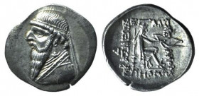 Kings of Parthia, Mithradates II (121-91 BC). AR Drachm (22mm, 4.17g, 1h). Ekbatana. Diademed bust l., wearing long beard. R/ Arsakes I seated r. on t...