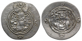 Sasanian Kings of Persia, Khusrau II (590-628). AR Drachm (30mm, 4.08g, 3h). BN (uncertain city in Kirman). Crowned bust r. R/ Fire altar flanked by a...