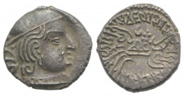 India, Post Gupta. Western Satraps, AD 100-300. AR Drachm (14mm, 2.34g, 3h). Capped bust r. R/ Stylized hill. Cf. Mitchiner 5080ff. Toned, Good VF