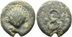 Anonymous, Rome, c. 280 BC. Cast Æ Sextans (37mm, 57.06g, 6h). Cockle shell. R/ Caduceus. Vecchi ICC, 30; Crawford 14/5; HNItaly 272; RBW -. Green pat...