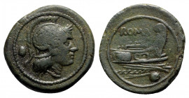 Anonymous, Rome, c. 215-212 BC. Æ Uncia (23mm, 8.89g, 10h). Helmeted head of Roma r. R/ Prow of galley r. Crawford 41/10; RBW 135. Green patina, VF