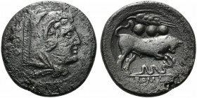 Grain-ear series, Sicily, c. 214 BC. Æ Quadrans (28mm, 15.48g, 12h). Head of Hercules r., wearing lion skin. R/ Bull charging r.; grain ear above, ser...