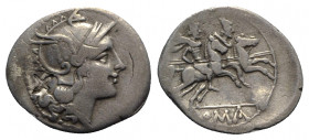 Anonymous, Rome, after 211 BC. AR Denarius (22mm, 3.78g, 12h). Head of Roma r., wearing winged helmet decorated with head of griffin. R/ Dioscuri on h...