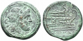 Anonymous, Rome, after 211 BC. Æ Semis (28mm, 16.67g, 11h). Laureate head of Saturn r. R/ Prow of galley r.; S above. Crawford 56/3; RBW 203-4. Green ...