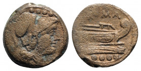 Anonymous, Sardinia, after 211 BC. Æ Triens (22mm, 7.30g, 6h). Helmeted head of Minerva r. R/ Prow of galley r. Crawford 56/4; RBW 207-8. Porous, Good...