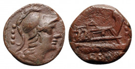 Anonymous, Unofficial series, after 211 BC. Æ Triens (19mm, 4.63g, 3h). Helmeted head of Minerva r.; four pellets behind, R/ Prow of galley r.; ROMA b...