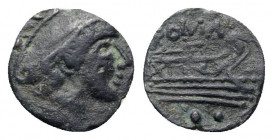 Anonymous, Rome, after 211 BC. Æ Sextans (14mm, 1.19g, 1h). Head of Mercury r. wearing winged petasus. R/ Prow of galley r. Cf. Crawford 56/6. Near VF...