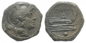 Anonymous, Rome, after 211 BC. Æ Uncia (16mm, 3.69g, 3h). Helmeted head of Roma r. R/ Prow of galley r. Crawford 56/7; RBW 215. Good VF - near EF