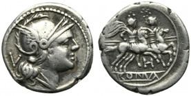 Anonymous, Southeast Italy, 211-210 BC. AR Quinarius (15mm, 2.03g, 10h). Helmeted head of Roma r. R/ The Dioscuri riding r., each holding transverse s...