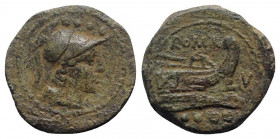 V series, South East Italy, 211-210. Æ Triens (23mm, 9.40g, 3h). Helmeted head of Minerva r. R/ Prow r.; V to r. Crawford 87/3; RBW 367. Scarce, green...