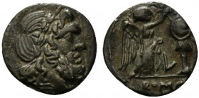 Anonymous, Luceria, 211-208 BC. AR Victoriatus (15mm, 2.02g, 9h). Laureate head of Jupiter r. R/ Victory standing r., crowning trophy; L between. Craw...