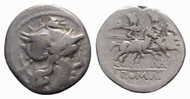 MA series, Uncertain mint, c. 199-170 BC. AR Denarius (16.5mm, 3.42g, 3h). Helmeted head of Roma r. R/ The Dioscuri, each holding spear, on horseback ...