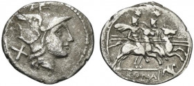 Gryphon series, Rome, 169-158 BC. AR Denarius (18mm, 3.36g, 6h). Helmeted head of Roma r. R/ The Dioscuri on horseback galloping r., each holding spea...