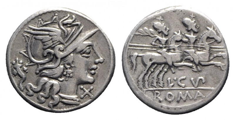 L. Cupiennius, Rome, 147 BC. AR Denarius (19mm, 3.65g, 7h). Helmeted head of Rom...