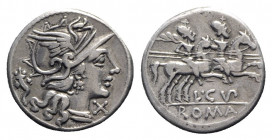 L. Cupiennius, Rome, 147 BC. AR Denarius (19mm, 3.65g, 7h). Helmeted head of Roma r.; cornucopia behind. R/ The Dioscuri, each holding spear, on horse...