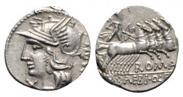 M. Baebius Q.f. Tampilus, Rome, 137 BC. AR Denarius (18mm, 3.95g, 3h). Helmeted head of Roma l. R/ Apollo driving quadriga r., holding bow and arrow. ...