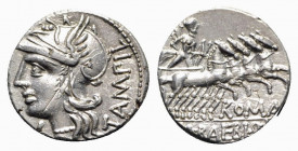 M. Baebius Q.f. Tampilus, Rome, 137 BC. AR Denarius (18mm, 3.96g, 9h). Helmeted head of Roma l. R/ Apollo driving quadriga r., holding bow and arrow. ...