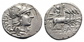 L. Antestius Gragulus, Rome, 136 BC. AR Denarius (20mm, 3.93g, 1h). Helmeted head of Roma r. R/ Jupiter driving quadriga r., holding reins and sceptre...