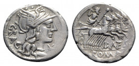 L. Antestius Gragulus, Rome, 136 BC. AR Denarius (20mm, 3.75g, 4h). Helmeted head of Roma r. R/ Jupiter driving quadriga r., holding reins and sceptre...