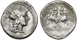 C. Servilius M.f., Rome, 136 BC. AR Denarius (20mm, 3.65g, 5h). Head of Roma r., wearing winged helmet; wreath to l. R/ Dioscuri riding in opposite di...