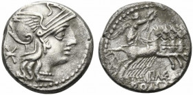 P. Maenius Antiaticus M.f., Rome, 132 BC. AR Denarius (15mm, 3.86g, 5h). Helmeted head of Roma r. R/ Victory, holding reins and wreath, driving gallop...