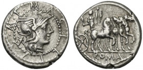 M. Acilius M.f., Rome, 130 BC. AR Denarius (18mm, 3.91g, 12h). Helmeted head of Roma r. R/ Hercules driving triumphal quadriga r., holding club and tr...