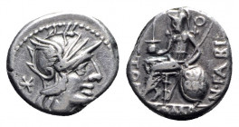 Numerius Fabius Pictor, Rome, 126 BC. AR Denarius (16mm, 3.86g, 10h). Helmeted head of Roma r.; [control-mark before]. R/ The flamen Quirinalis, Q. Fa...