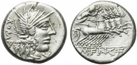 M. Fannius C.f. Rome, 123 BC, AR Denarius (15mm, 3.90g, 6h). Helmeted head of Roma r. R/ Victory driving galloping quadriga r., holding reins and wrea...