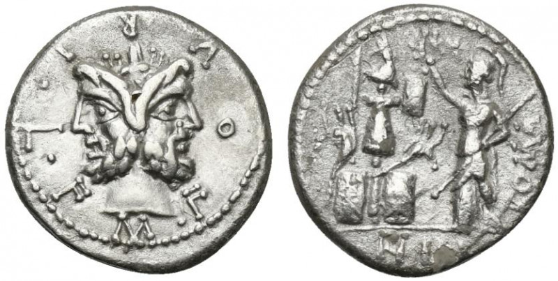 M. Furius L.f. Philus, Rome, 120 BC. AR Denarius (20mm, 3.88g, 3h). Laureate hea...