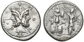 M. Furius L.f. Philus, Rome, 120 BC. AR Denarius (20mm, 3.88g, 3h). Laureate head of Janus. R/ Roma standing l., holding spear and crowning trophy of ...